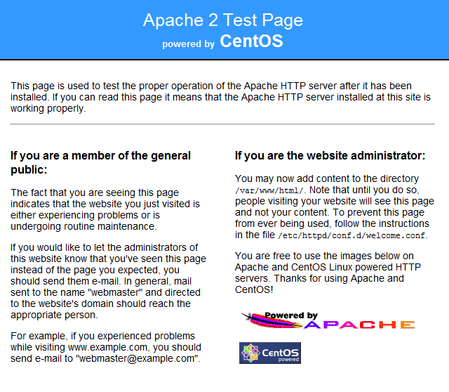 CentOS Apache Install Default Page